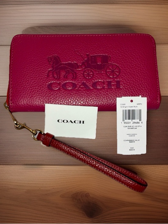 Coach Handbags - Coach Long Zip Horse & Carriage Pebbled Leather Colorblock Wallet, Red/Pink